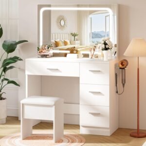 LIVELYGLOW Makeup Vanity Desk with Charging Station & LED Mirror – 35.4″ Vanity Set with 4 Drawers, 3 Lighting Modes – Modern Bedroom Furniture (15.7″ D x 35.4″ W x 53.9″ H), White
