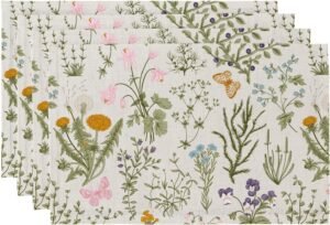 QiyI Boho Placemats Set of 4, 12×18 Inch Linen Fabric Floral Place Mats for Kitchen Dinning, Farmhouse Rustic Cloth Table Mats, Washable Placemat Botanical Party Table Décor, Wildflowers Herbs