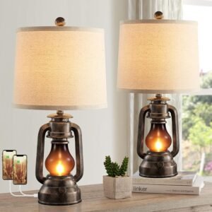 Farmhouse Lantern Table Lamps for Living Room Set of 2, Vintage Bedroom Resin Lamp with Dual USB Charging Ports, Rustic Retro Bedside Nightstand Desk Lamp, 4 Bulb Included