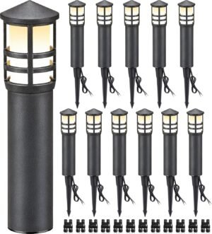 SUNVIE 12-Pack Low Voltage Landscape Pathway Lights 3W Outdoor Landscape Lighting 3000K 12-24V LED Bollard Path Lights Wired CRI 90+ Aluminum Pathway Lighting for Walkway Yard Garden, ETL Listed Cord