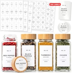 Minimalist Spice Jar Labels Self-Adhesive – 240 Stickers for Spice Jars, Spice Jars & Drawers, Round & Rectangular, Waterproof Spice Organiser Labels for Kitchen Organisation (White)