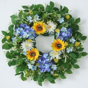 26″ Large Artificial Flower Wreath for Front Door Outside – Spring Summer Wreath with Lifelike Sunflowers, Fake Blue Hydrangea Flowers for Indoor Outdoor Mantel,Window,Farmhouse,Home,Wall Decor
