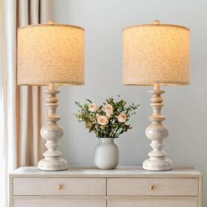 BOBOMOMO 24″ Farmhouse Resin Table Lamp Set of 2, Vintage Lamps for Living Room Bedroom with Linen Shades, Traditional Rustic Bedside Lamps Retro Table Lamps for Living Room, Bedroom, Office
