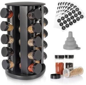 Tianifa Black Countertop Rotating Spice Rack, Round Empty 20-Jars Revolving Spice Rack Organizer, 135 Spice Labels with Funnel Complete Set, for Kitchen Countertop, Cabinet
