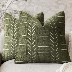 Home Décor Decorative Boho Accent Chenille Throw Pillow Covers Textured Neutral Cushion Covers Soft Farmhouse Pillowcase for Couch Sofa Bed Living Room, 18×18 Inch, Set of 2, Olive Green