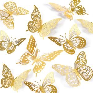 SAOROPEB 3D Butterfly Wall Decor – 48 Pcs, 4 Styles, 3 Sizes, Gold Butterfly Decorations for Birthday & Party Celebrations, Removable Stickers