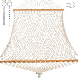 GAFETE 12ft Double Hammocks for Outside, Handwoven Traditional Cotton Rope 2 Person Hammock with Hardwood Spreader Bar, Chains & Hooks for Indoor Outdoor, Max 450 lbs Capacity (Natural Beige, Medium)