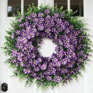 26″ Large Artificial Eucalyptus with Flower Wreath for Front Door – Realistic Fake Silk Morning Glory Flowers, Faux Colored Flower Wreath for Home, Farmhouse, Wedding, Indoor, Outdoor Decor (Purple)