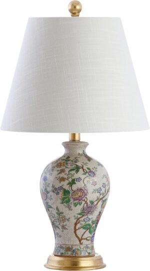JONATHAN Y 24″ Multi-Colored/Gold French Country Ceramic Floral Urn Table Lamp, White Linen Shade, Chinoiserie Ginger Jar Bedside Lamp for Living Room Bedroom, LED Bulb JYL3009A