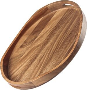 Acacia Wood Serving Tray with Handles – 17″x13″ Round, Decorative Ottoman Tray for Living Room, Coffee Table, Breakfast in Bed, Candle Display