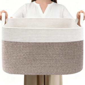 Large Blanket Basket,Woven Rope Basket Storage Bin with Handles,65L Rectangle Laundry Basket for Magazines,Toys,Clothes,Newspaper Shelf Organization,Nursery and Living Room,White & Brown