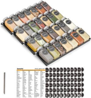 SpaceAid Spice Drawer Organizer with 28 Spice Jars, 386 Spice Labels, 4 Tier Seasoning Rack Tray Insert for Kitchen Drawers, 13″ Wide x 17.5″ Deep