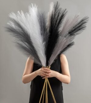 8 Pcs 45″ Pampas Grass Tall Faux Dried Decor, Fluffy Fake Long Pompas Artificial Black White Grey Gray Pompous Stems Bouquet Flower Arrangement Vase Filler for Boho Home Wedding Decoration