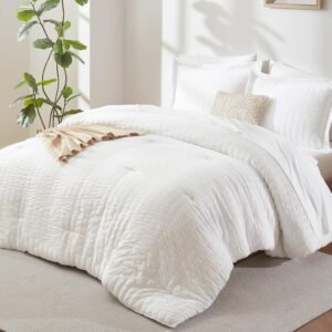 CozyLux Queen Comforter Set White, 7 Pieces Seersucker Textured Luxury Bed in a Bag Queen, All Seasons Soft Bedding Sets with Down Alternative Comforter, Sheets, Pillowcases & Shams, Home Gift