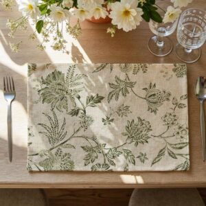 JINCHAN Linen Floral Fall Placemats Set of 4 Cloth Table Mats Rustic Cottagecore Jacobean Outdoor Seasonal for Kitchen Dining Table Decor Washable Tablemats 13×19 Inch Green