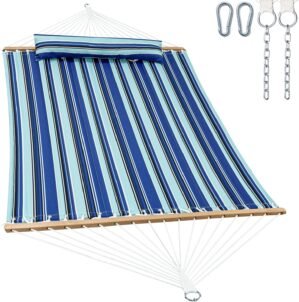 GAFETE Hammock 2 Person Quilted Fabric Hammocks for Outside, Double 12ft Hammocks with Spreader Bar, Large Removable Pillow, Storage Bag, Carabiners, Max 475 lbs Capacity (Catalina Beach)