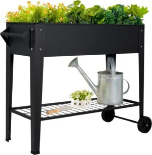 LEETOLLA Elevate 32″ Tall Raised Garden Bed Outdoor with Wheels & Shelf for Mobility, 400LBS Capacity, Anti-Rust Steel Planter Box for Vegetables/Herbs, Patio-Balcony-Backyard