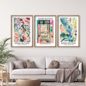 Henri Matisse Wall Art Decor Set of 3 16×11 Inch Large Rustic Farmhouse Aesthetic Wood Framed Matisse Sign Modern Home Bedroom Living Room Office Abstract Landscape Print Wall Hang (Wood)