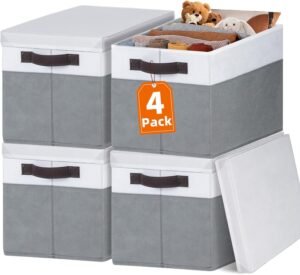 Large Closet Storage Baskets Bins with Lids 4 Pack, Storage Baskets for Organizing Shelves Nursery Bedroom, Home Dorm Closet Organizers Cubes for Clothes Toys Blanket Book – Stackable -14x10x9.5
