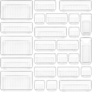 Vtopmart 25 PCS Clear Plastic Drawer Organizers Set, 4-Size Versatile Bathroom and Vanity Drawer Organizer Trays, Storage Bins for Makeup, Bedroom, Kitchen Gadgets Utensils and Office