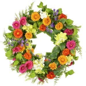 YNYLCHMX 18″ Spring Summer Wreaths for Front Door, Artificial Floral Wreath with Daisy Flowers Green Tea Leaves, Green Foliage Wreath for Wall Window Farmhouse Party Holiday Home Decor
