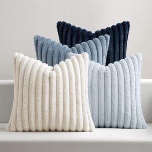 MIULEE Faux Fur Plush Decorative Throw Pillow Covers 18×18 Set of 4, Summer Modern Soft Fuzzy Coastal Striped Cushion Covers for Sofa Couch Bed Living Room Cozy Home Decor,Navy Blue