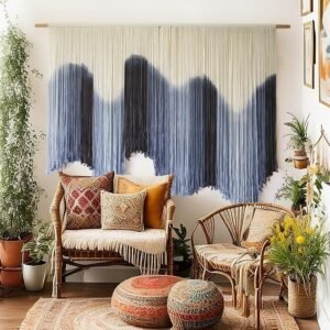 IOWER Macrame Wall Hanging Large Blue Dip Dyed Fiber Art Tapestry, Handmade Boho Wall Decor for Living Room Bedroom, Macrame Wall Art 57″ W x 39″ L