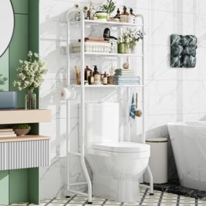 Simple Trending Over The Toilet Storage Rack, Metal 3 Tier Bathroom Organizer Shelf with Paper Holder and 3 Hooks, Freestanding Shelf Space Saver Above Toilet, White