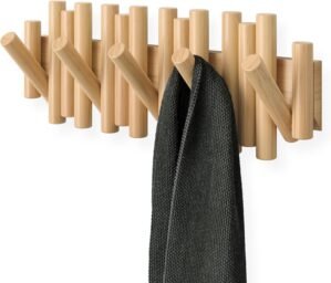 Umbra Picket Coat Rack Wall Mount – 5 Flip-Down Wood Coat Hooks, Modern & Functional Storage, Easy Install Wall Hooks, Natural