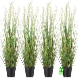 Jexine 4 Pcs 4 ft Tall Artificial Grass Plant Potted Artificial Greenery Floor Plants Faux Pampas Grass Tall in Pot for Housewarming Gift House Garden Bathroom Lobby Outdoor Decoration