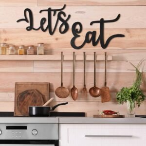 Jetec 2 Pieces Let’s Eat Sign Wooden Kitchen Wall Decor Rustic Cutout Eat Signs Hanging Wall Plaque Farmhouse Sign for Kitchen Dining Living Room Home Restaurant Decoration(Black)