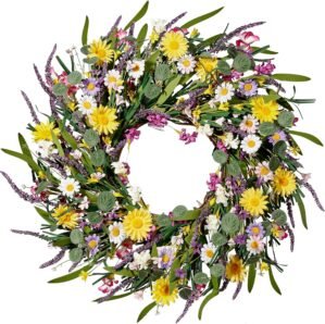 Sggvecsy Daisy and Lavender Wreath 24’’ Wildflower Wreath Spring and Summer Artificial Spring Silk Summer for Front Door Home Wall Wedding Festival Farmhouse Holiday Decor
