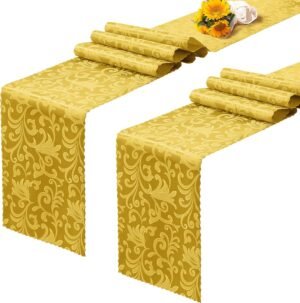RUDONG M 2 Pack Gold Satin Table Runners 12 x 108 Inch, Long Silky Damask Table Runner Decor, Bright Smooth Jacquard Dining Table Runners for Weddings, Banquet, Parties Dinner Decoration