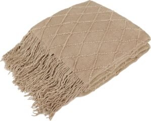 PAVILIA Tan Taupe Knit Throw Blanket for Couch Bed, Soft Knitted Farmhouse Sofa Throw for Living Room, Lightweight Decorative Fall Throw Blanket for Chair, Outdoor Textured Boho Blanket, 50×60