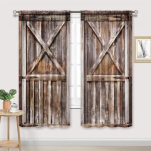 Rustic Barn Door Curtains Brown Wooden Rod Pocket Farmhouse Garage Gate Vintage Barnwood Men Western Bedroom Decor Country Cabin Wood Art Printed Living Room Window 42W x 63L Inch 2 Panels