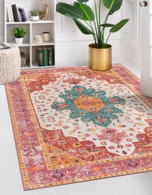 Moynesa Ultra-Thin Washable Vintage Area Rug – 5×7 Large Bedroom Boho Non-Slip Non-Shedding Living Room Mat Oriental Medallion Floor Carpet for Kids Nursery Room Office, Pink/Teal/Multi