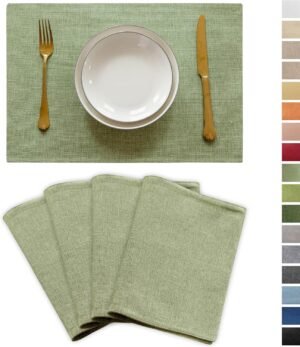 Demetex Green Placemat Set of 4 Washable Linen Textured Place Mats for Dinner Heat Resistant Sage Cloth Placemats Scratch Resistant Plate Mats for Dining Table Kitchen Summer, Green