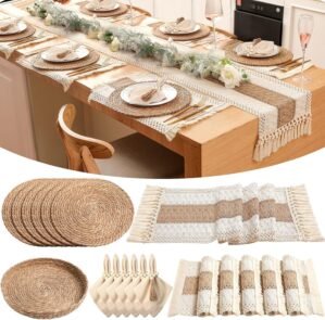 6 Sets Boho Decoration Placemats Round Woven Placemats, Cloth Napkins, Wood Bead Napkin Rings, Long Table Runner and Farmhouse Burlap Cotton for Table Kitchen (Khaki,12×72)