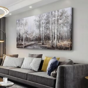 White Birch Tree Wall Art Grey Forest Painting Abstract Canvas Art Landscape Panoramic Picture Nature Artwork Framed for Living Room Bedroom Dinning Room Home Office Wall Decor 40″x20″