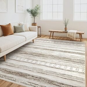 Tortania Area Rug Living Room Rugs – 5×7 Washable Large Soft Neutral Boho Moroccan Bohemian Farmhouse Rug Indoor Floor Carpet for Bedroom Under Dining Table Home Office Decor – Cream Brown
