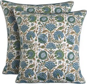 Ridhi Block Print Asparagus Green Pillow Cover 18″ x 18″ (Pack of 2) Decorative Couch Pillows for Living Room, Farmhouse Chic Boho Cute Outdoor Pillows Covers Gifts for Spring, Mother’s Day