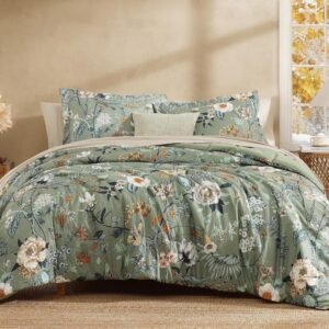 CASAAGUSTO King Size Comforter Set, Green Floral Bed in a Bag King 7 Pieces, King Bedding Sets with Botanical Butterfly Comforter, Sheets, Pillowcases & Shams for All Seasons