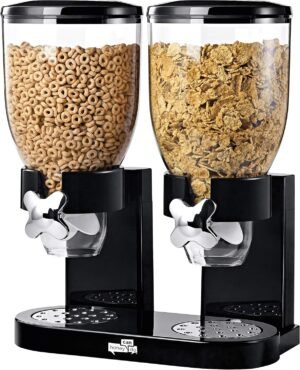 Honey-Can-Do Zevro Dual Dry Food Dispenser – Countertop Cereal Dispenser with Portion Control, 17.5 oz Per Canister, Airtight BPA-Free Snack Dispenser for Kitchen Organization, Black/Chrome