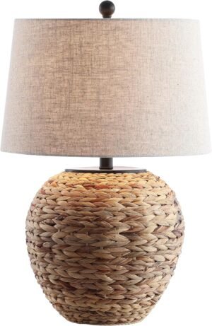 JONATHAN Y 24.5″ Natural Water Hyacinth Farmhouse Basket Table Lamp, Coastal Decor for Living Room Bedroom Nightstand, Light Gray Linen Shade, LED Bulb Included JYL6501A
