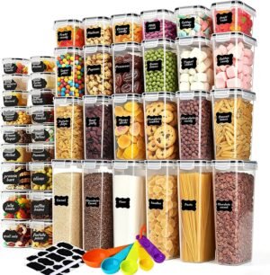 Airtight Food Storage Containers with Lids, BPA Free Clear Pantry Storage Container for Kitchen Food Pantry Organizers and Storage, Plastic Pantry Organiser for Cereal,Flour and Sugar 42 pack