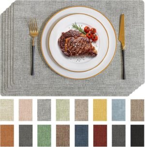 Romanstile Vinyl Placemats Set of 6-12 X 17 Inch – Faux Leather 100% Waterproof Wipeable Anti Slip Place Mats, Heat Resistant Reversible PU Table Mats for Kitchen Dining Party Outdoor, Light Grey