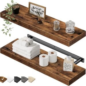 QEEIG Floating Shelves for Wall 23.6″ Long – Wall Mounted Shelf Bathroom Kitchen Living Room Bedroom Farmhouse Home Decor Display Bookshelf Set of 2, Rustic Brown (008-60BN)