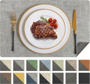 Romanstile Vinyl Placemats Set of 6, Reversible Faux Leather Heat Resistant Wipeable Table Mats, Waterproof Washable Non-Slip Table Placemats for Dining/Kitchen/Outdoor (Grey Light Grey, 12″ x 17″)