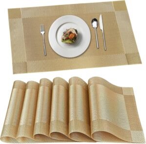 Placemats, Placemats Set of 6, Table Place Mats for Kitchen Dining, Heat-Resistant Anti-Skid Stain Washable PVC Table Mats, Easy to Cleaning Woven Vinyl Dinner Mats (Gold)