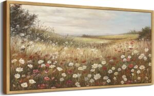 SHENIFY Vintage Framed Wall Art Meadow with Flowers Landscape Scenery Home Decor Retro Wildflower Field Decorations for Farmhouse Bedroom Ready to Hang Wall Artwork – 8x16in Natural Framed